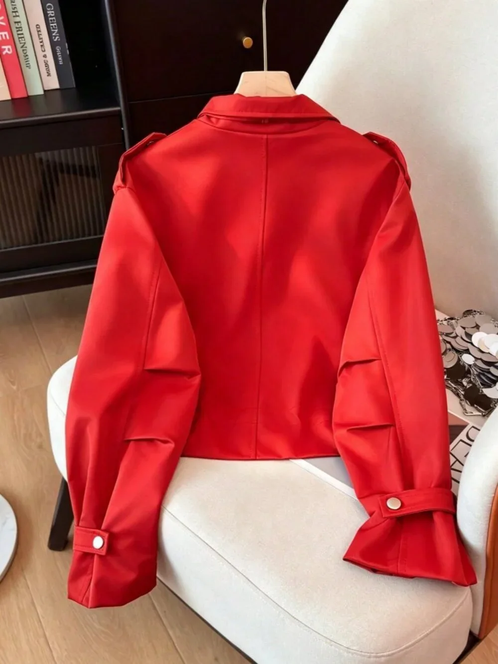 Red Casual Women's  Funnel Neck Multi-Pocket Waist Drawstring Utility Jacket